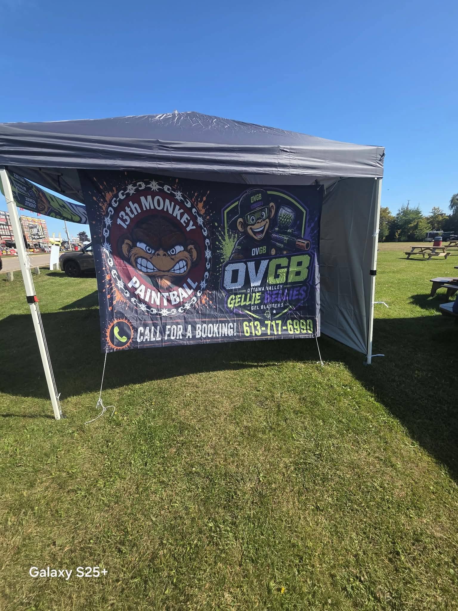 13th Monkey Paintball and Ottawa Valley Gellie Games banner at the field